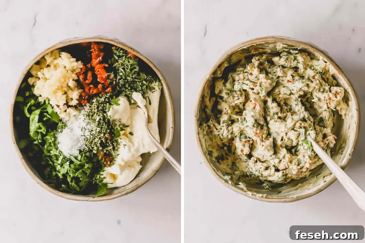 Two images showing the process of mixing filling for stuffed turkey in a bowl.