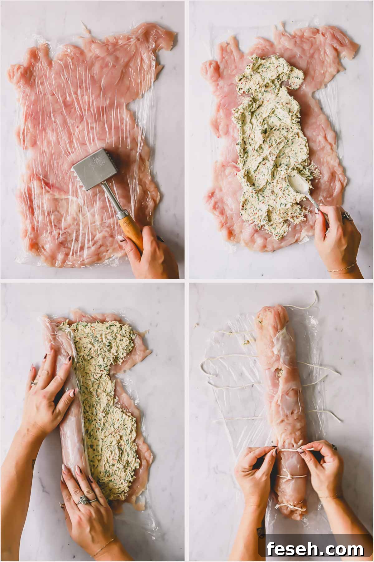 Four images showing the process of stuffing and rolling turkey.