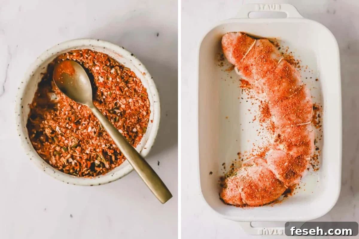 Two images showing a rolled, stuffed turkey breast being seasoned in a baking dish.