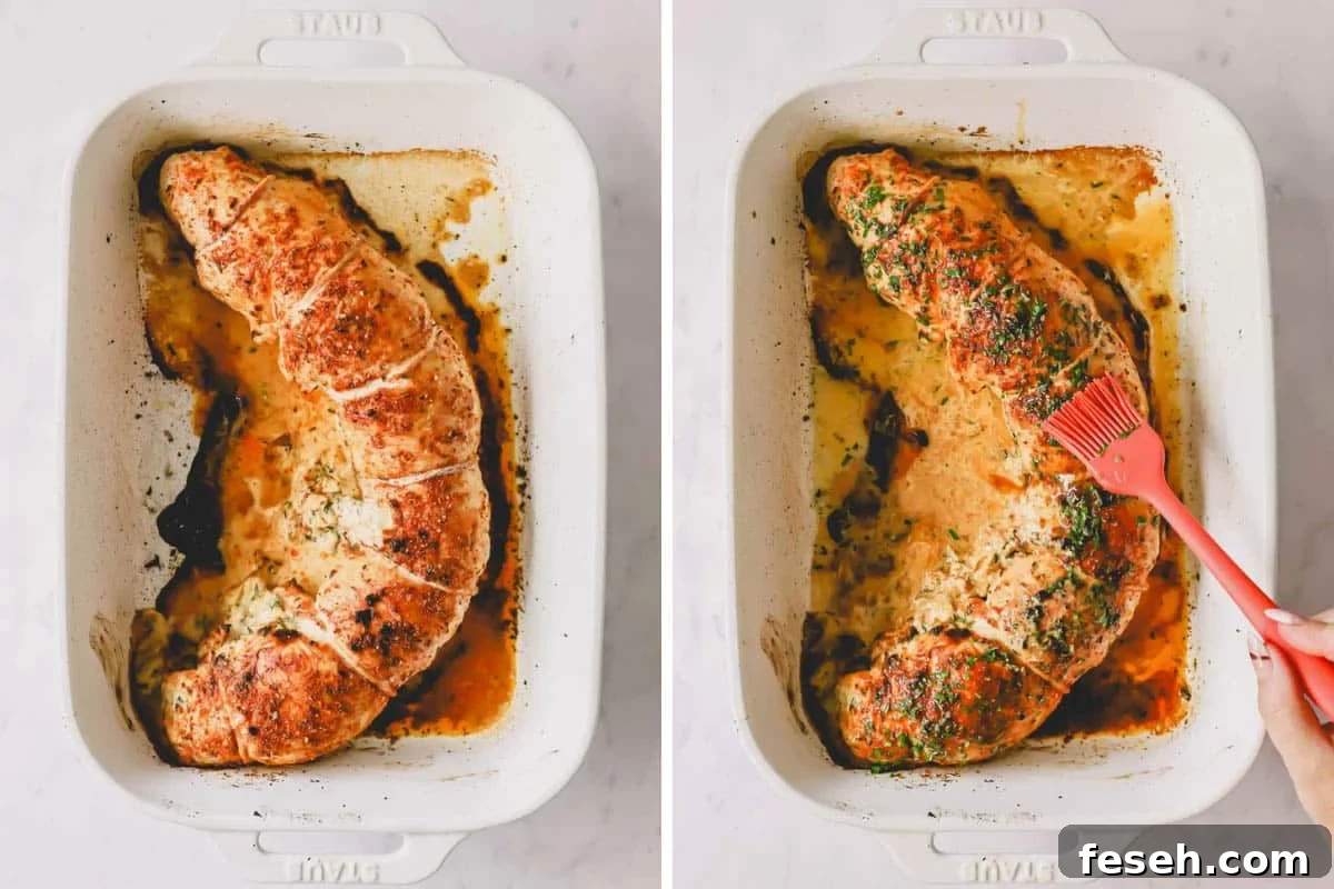 Two images showing a bake stuffed turkey being brushed with herbs.