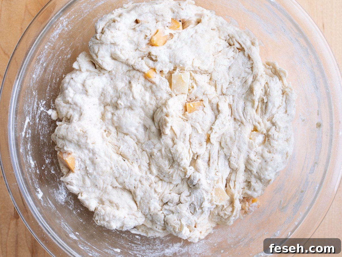The shaggy look of sourdough bread dough before you build the gluten