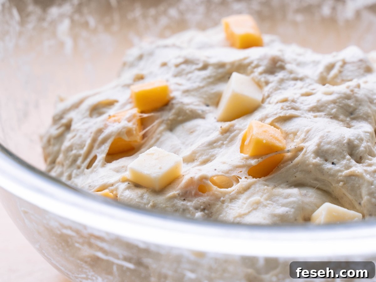 Close up look at gluten structure in sourdough bread dough with chunks of cheese in it