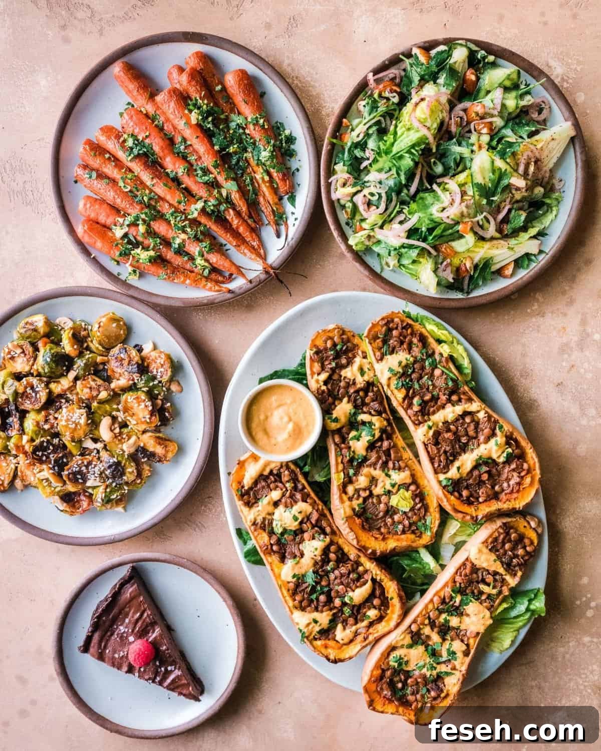 spread of various vegan thanksgiving plates on a table.