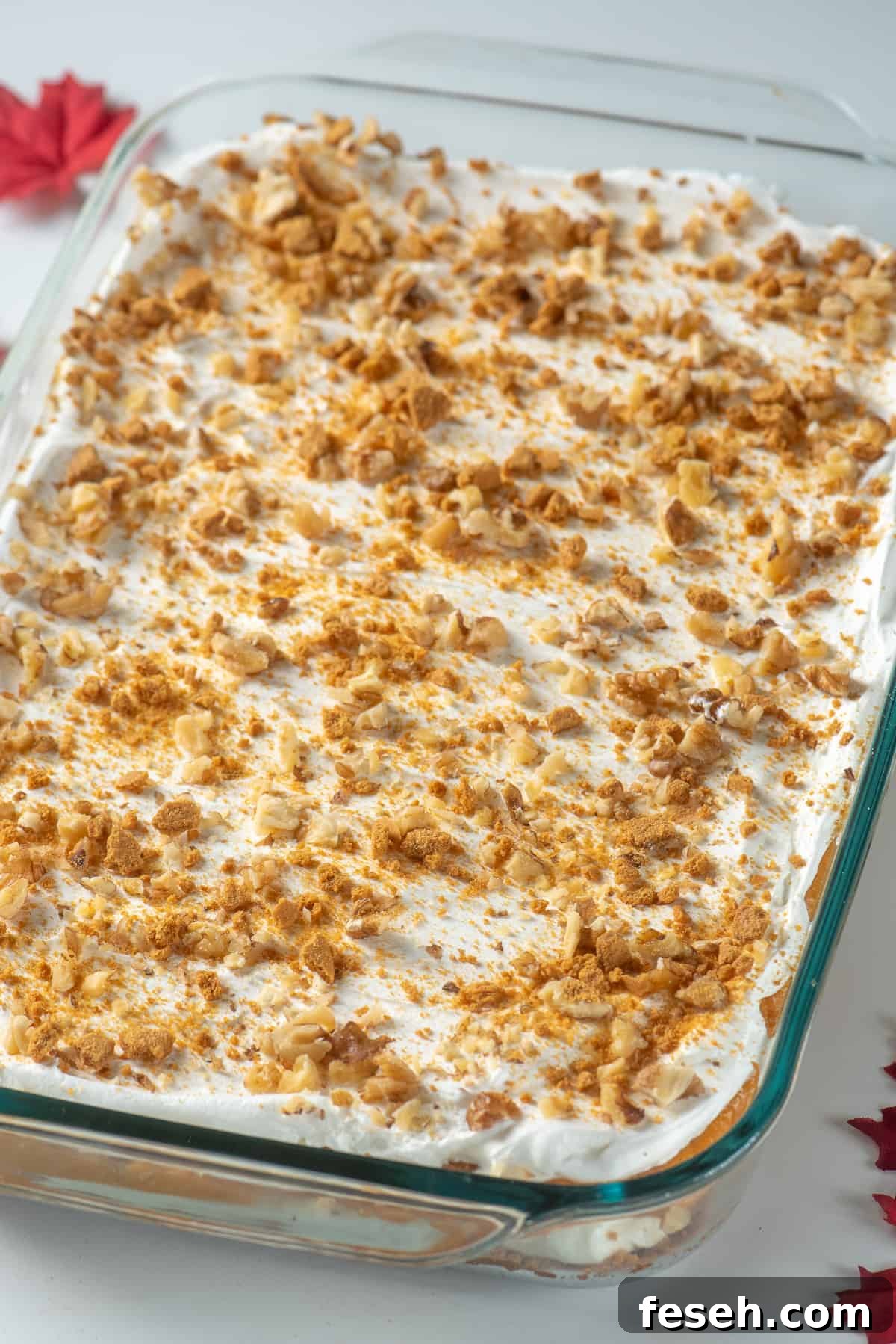 A creamy pumpkin dessert in a 13 by 9 inch glass dish topped with Cool Whip and crushed gingersnaps.