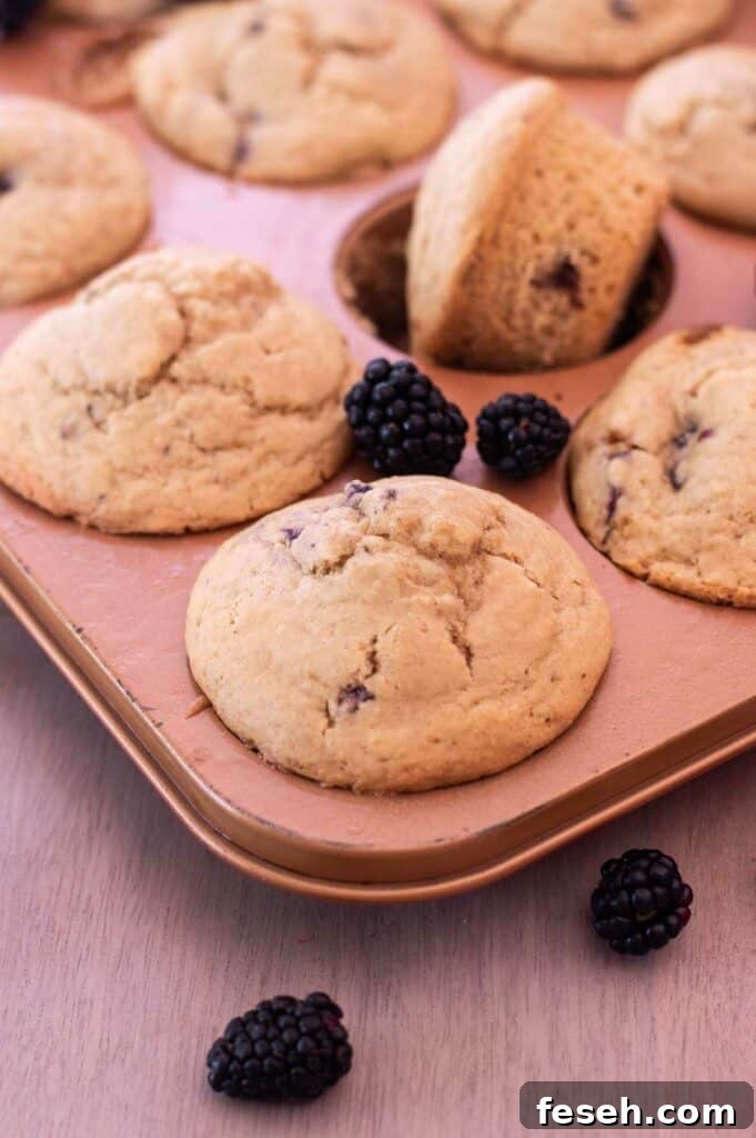 Gluten Free Blackberry Muffins in a copper muffin tin