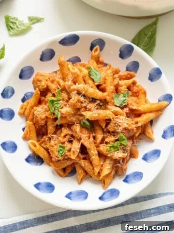 Pink sauce with penne on a plate.