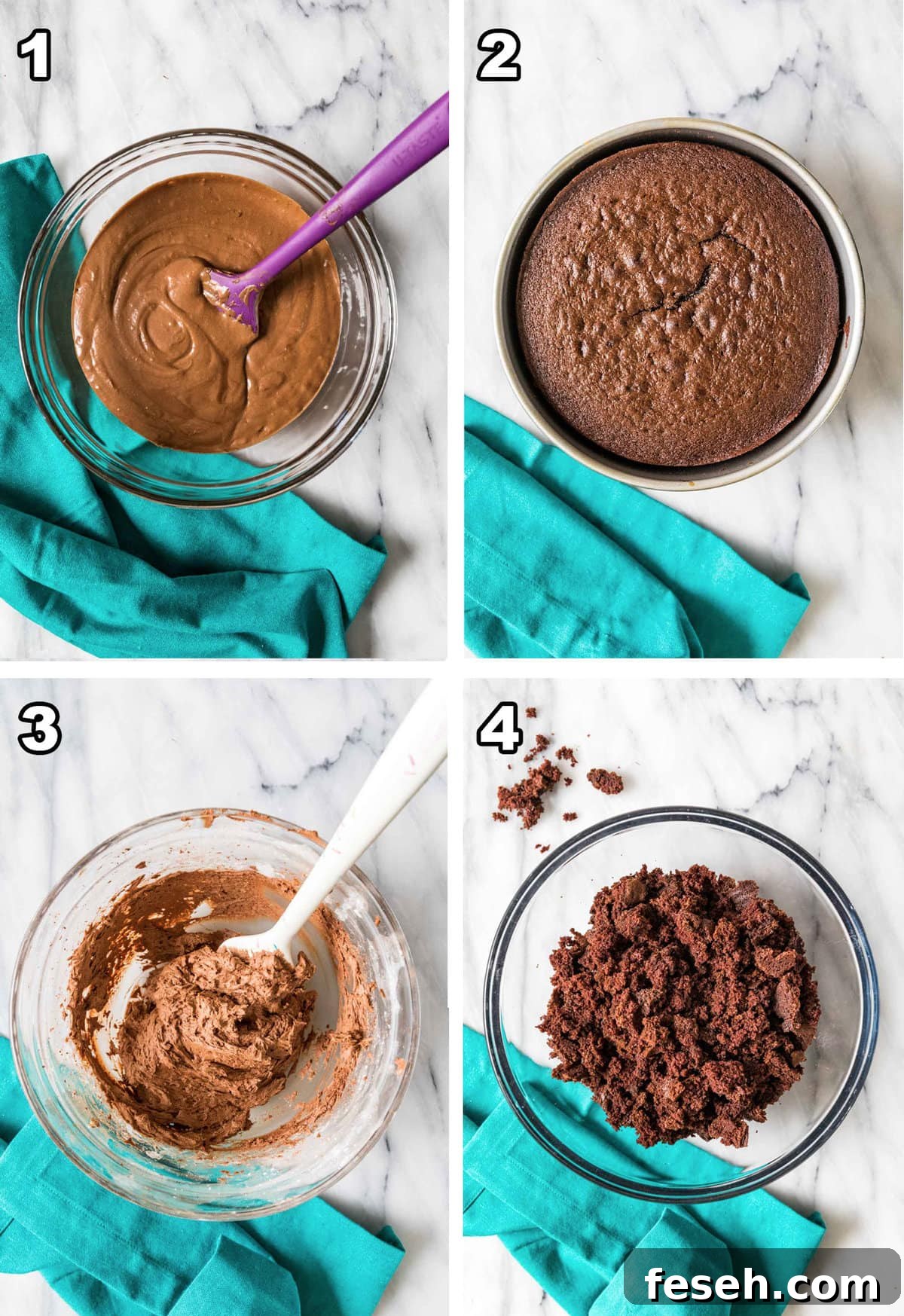 collage of chocolate cake pop process steps one through four