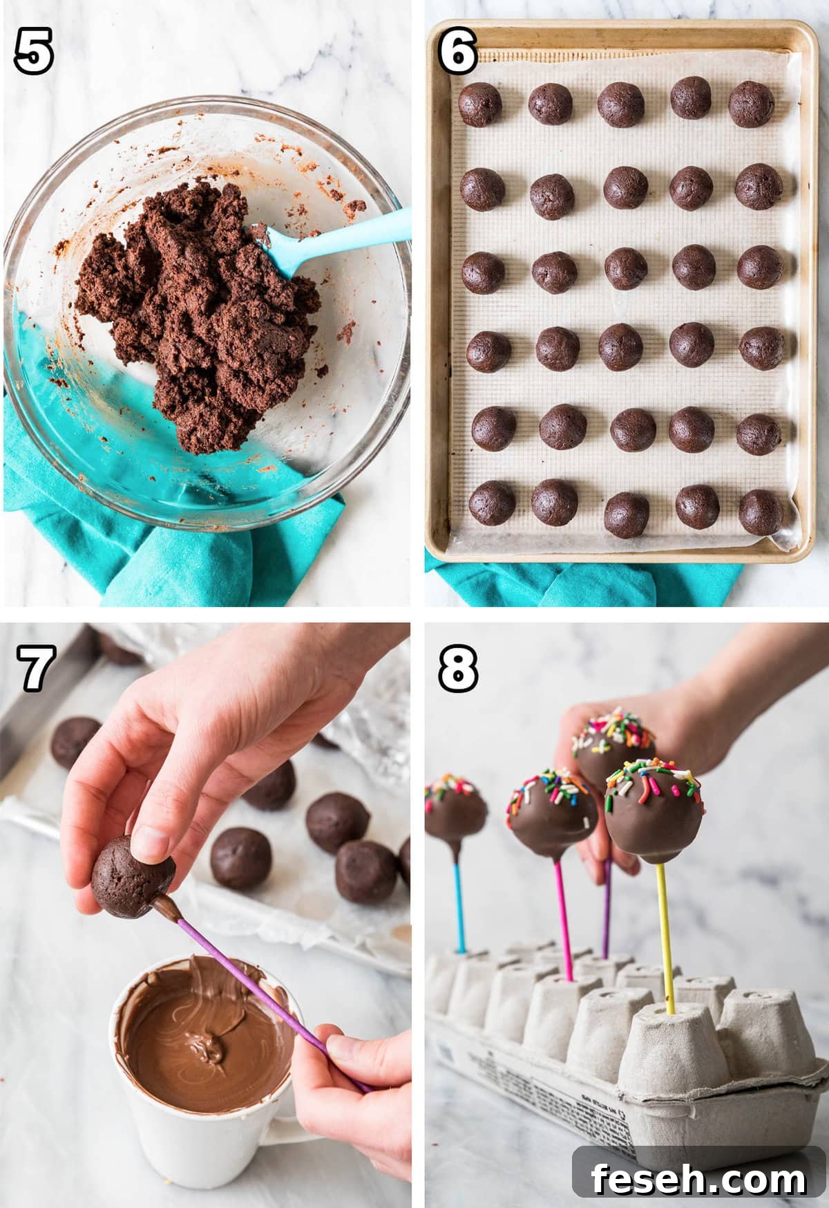 collage of chocolate cake pop process steps five through eight