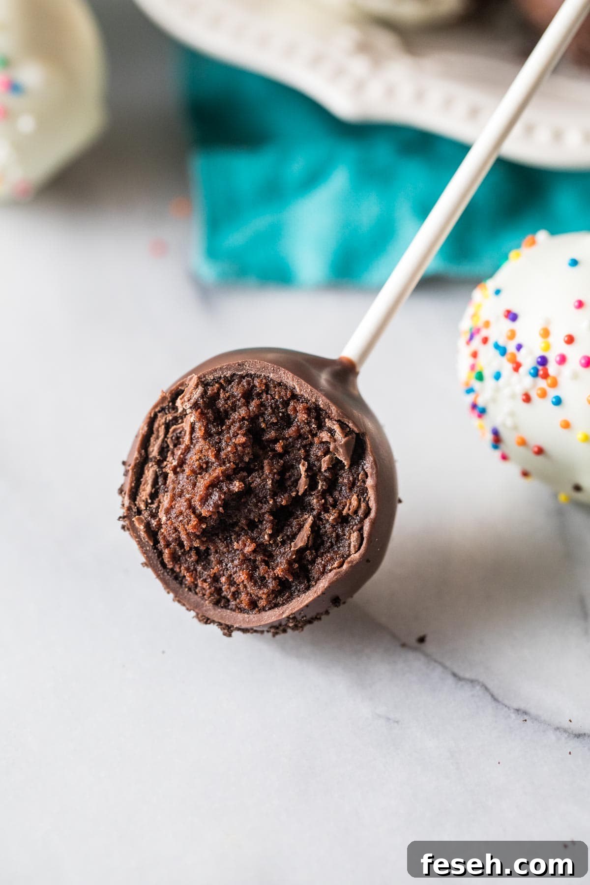 Close-up view of a cake pop made with chocolate cake coated in dark chocolate.