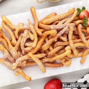 A platter of Funnel Cake Fries sprinkled with powdered sugar, with fresh strawberries as garnish.