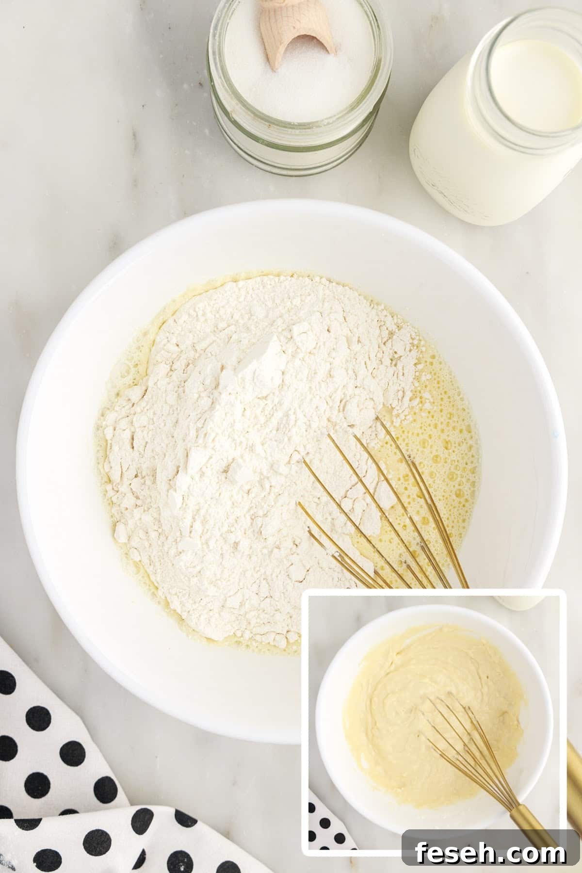 Dry ingredients are added to wet ingredients and then mixed together.