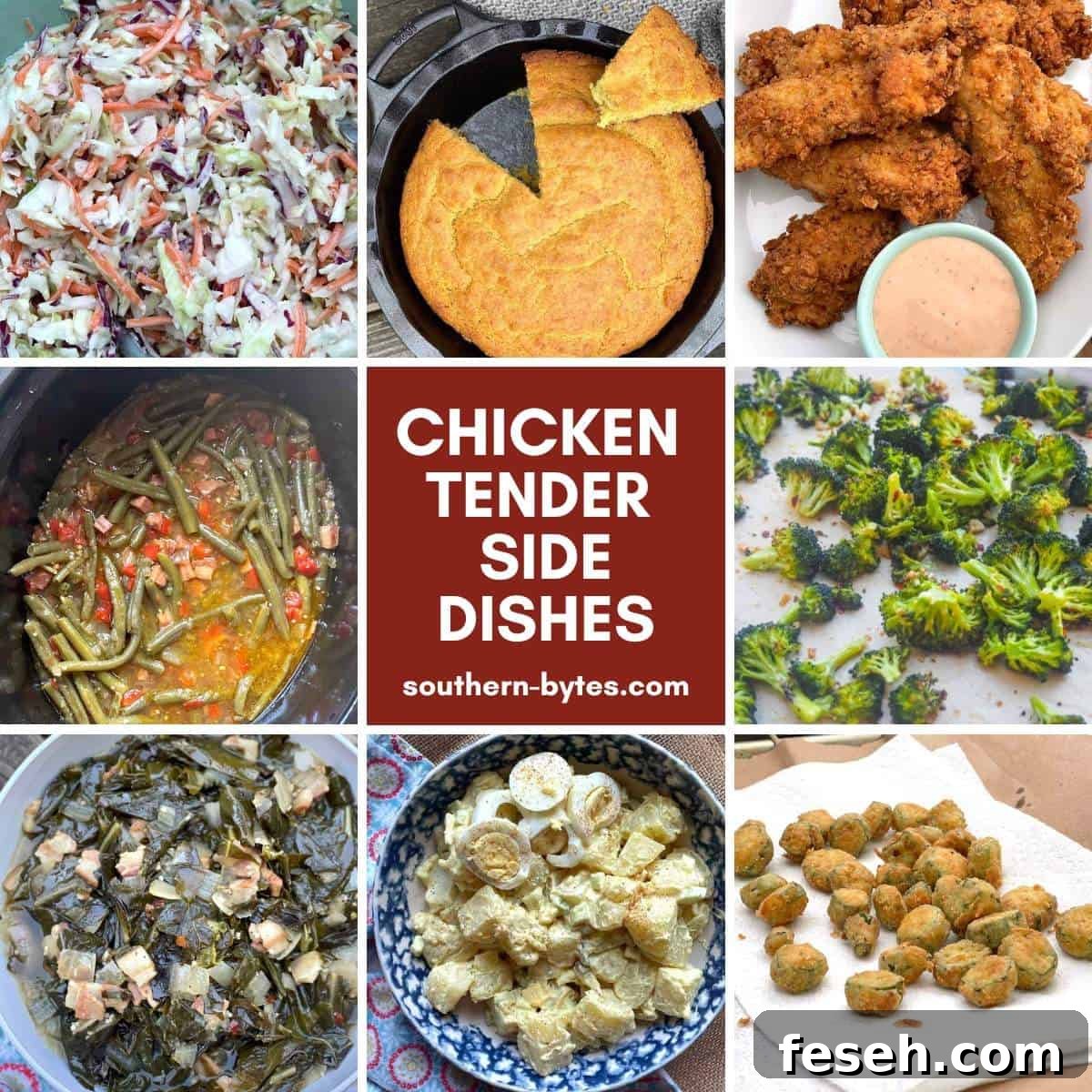 A collage of images showing fried chicken tender side dishes - coleslaw, green beans, veggies, and cornbread.