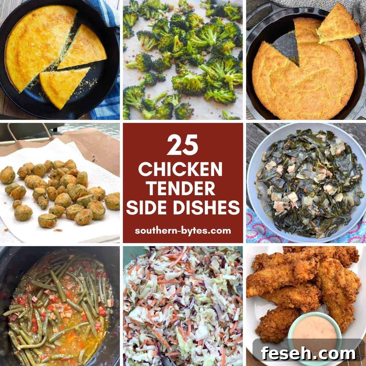 A collage of images showing chicken tender side dishes.