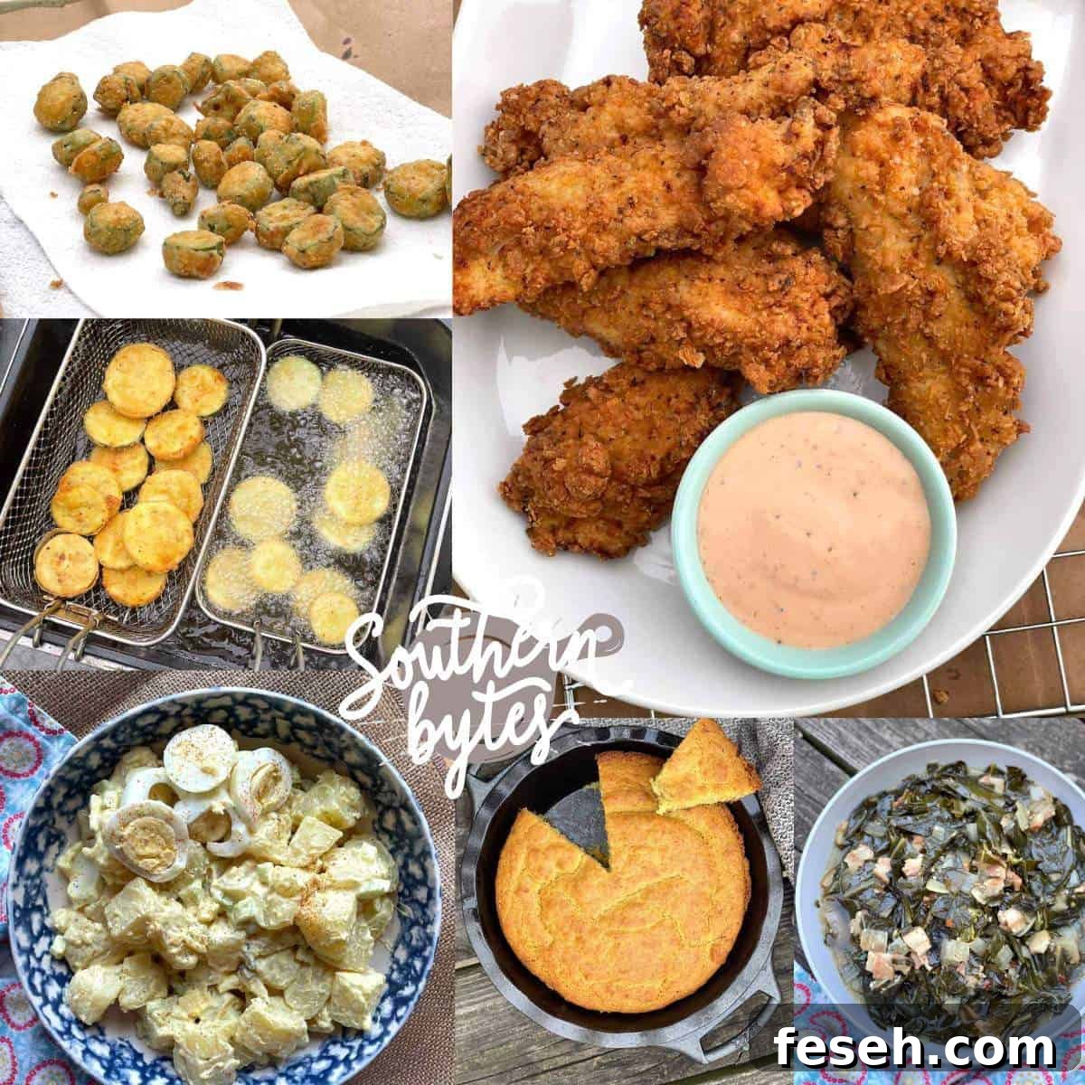 A collage of images showing what to serve with fried chicken - cornbread, collard greens, fried okra, and potato salad.
