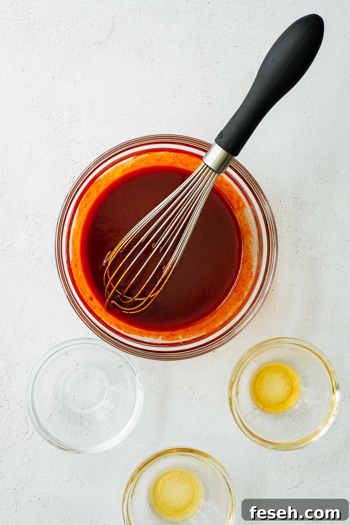 Top down view of empty glass bowls and bibimbap sauce ingredients whisked together in a glass bowl.