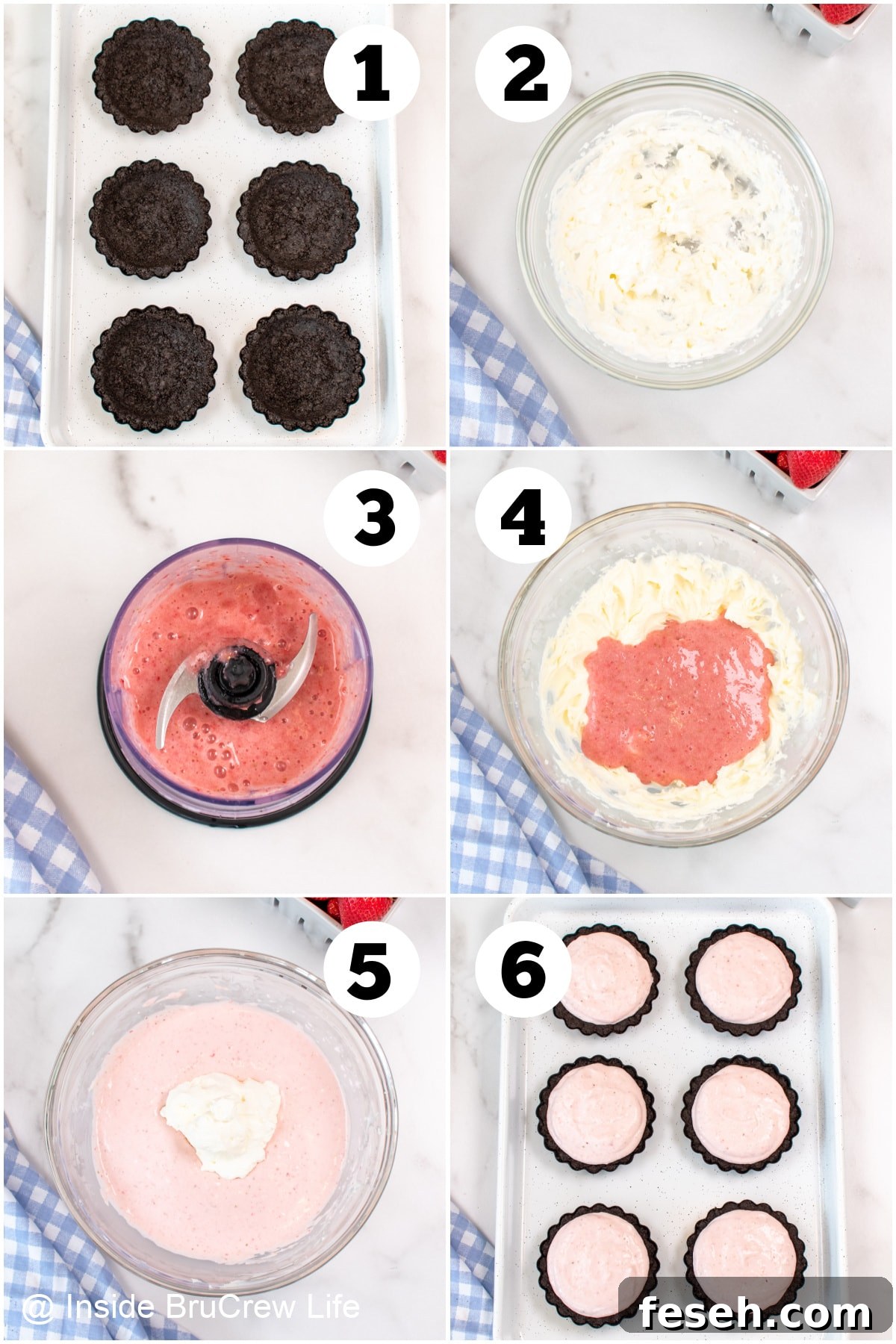 Six pictures collaged together showing how to make fluffy strawberry mousse tarts.