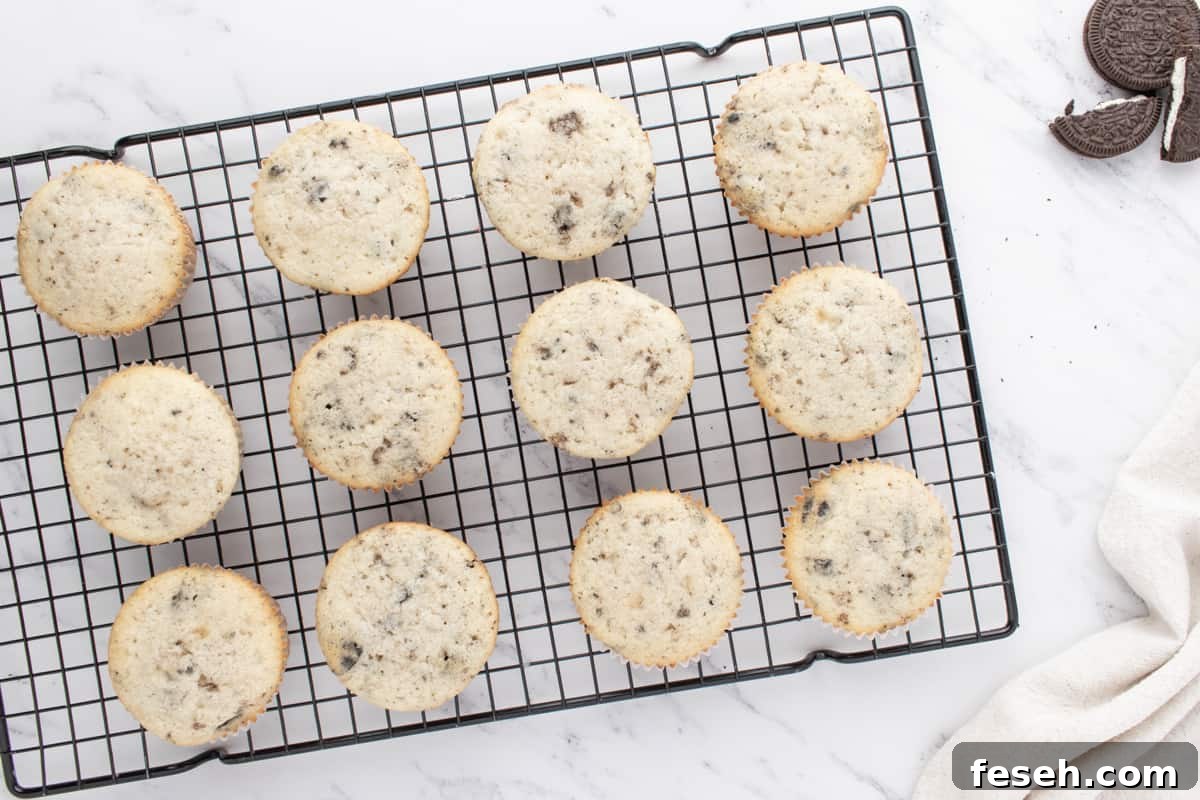 baked cookies and cream cupcakes on a wire cooling rack.