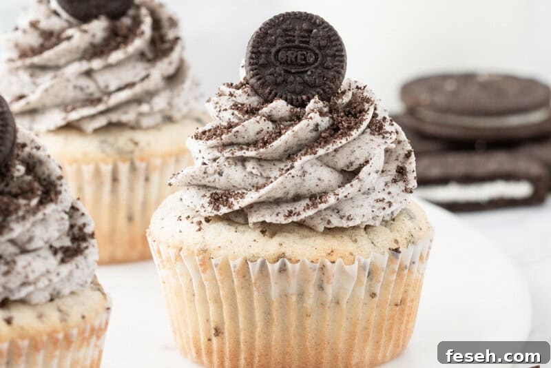a cookies and cream cupcake topped with a swirl of Oreo buttercream, Oreo cookie crumbs, and a mini Oreo cookie.