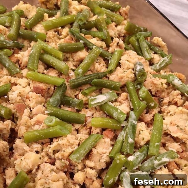Left over green beans on top of stuffing layer