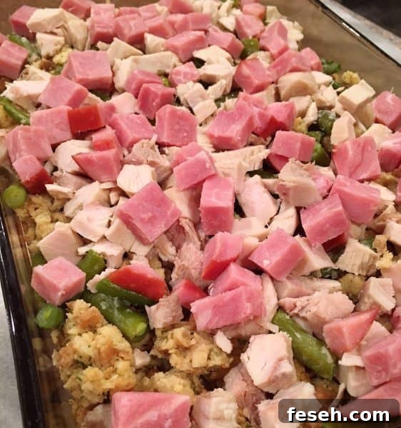 Left over diced ham and turkey on top of stuffing and veggies