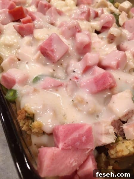 pouring cream gravy sauce over meat and stuffing in casserole dish