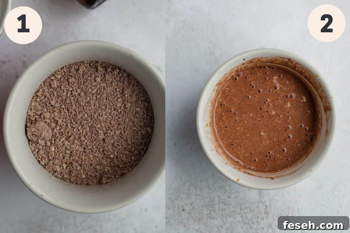 A white ramekin with oats and cocoa powder in it, then milk has been added and whisked into the ixture.