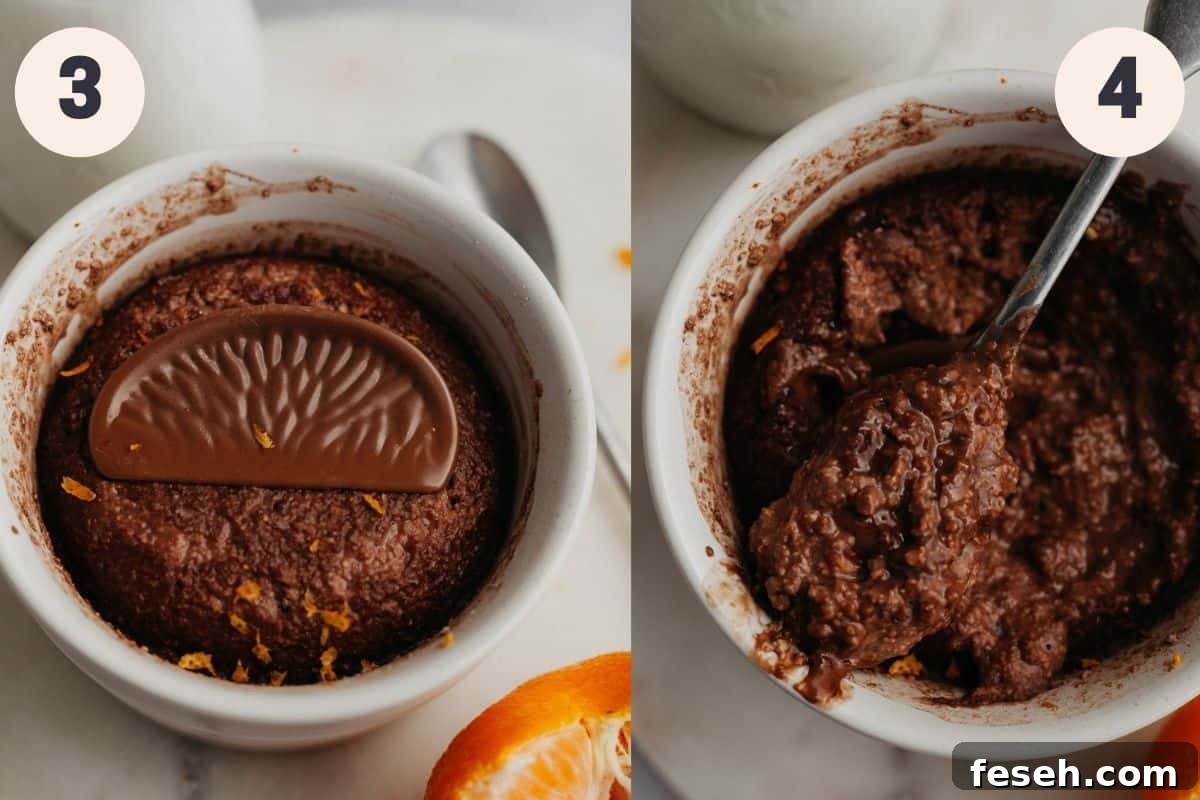 a white ramekin with chocolate orange oats, the next image shows a spoon scooping out some of the oats.