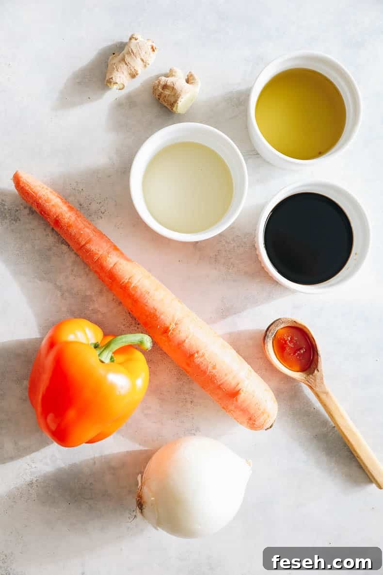 ingredients on a table - carrot, pepper, onion, honey, ginger, avocado oil, rice wine vinegar and tamari.