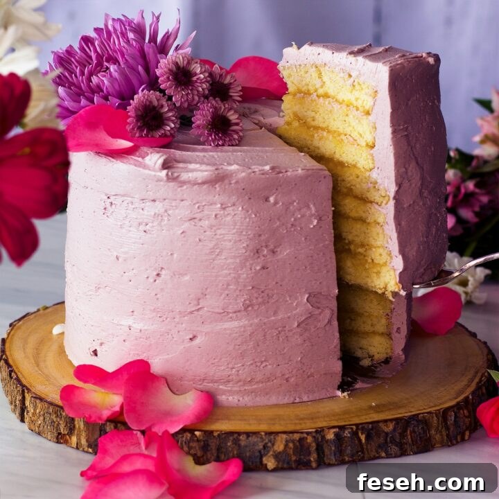 Serving a slice of Lemon Layer Cake with Blackberry Italian Meringue Buttercream