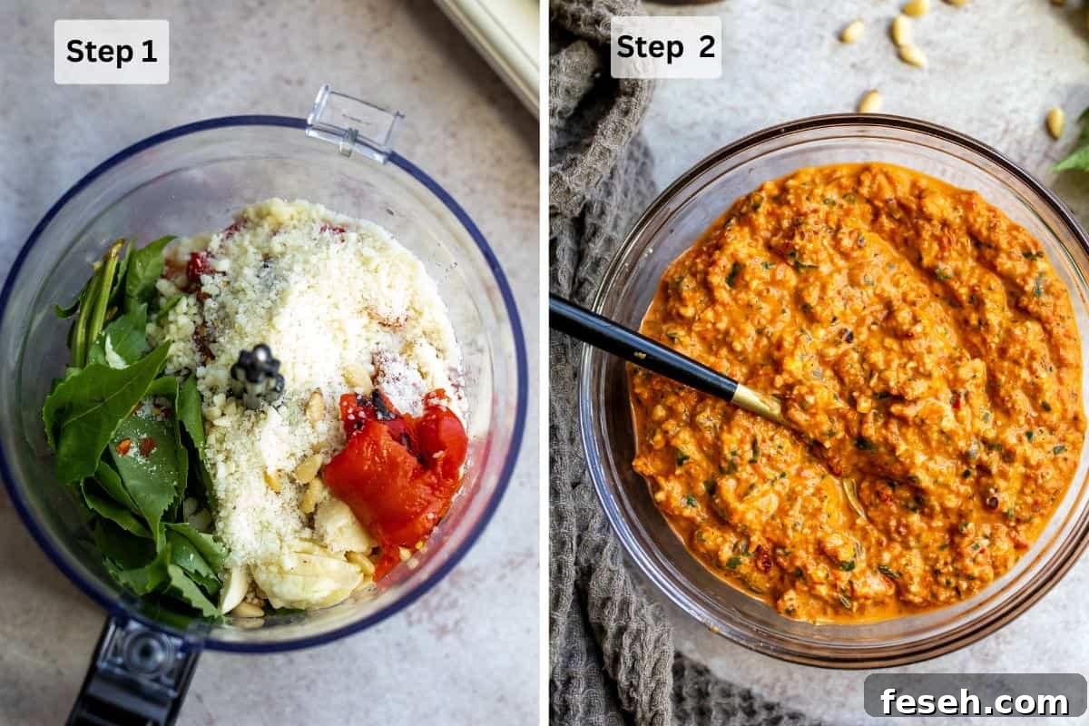 Small food processor with ingredients in it and then bleded with a spoon. 