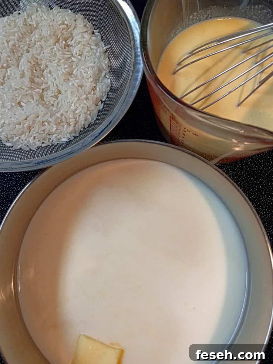 ingredients: milk in a pot, rice in a strainer, and beaten eggs.