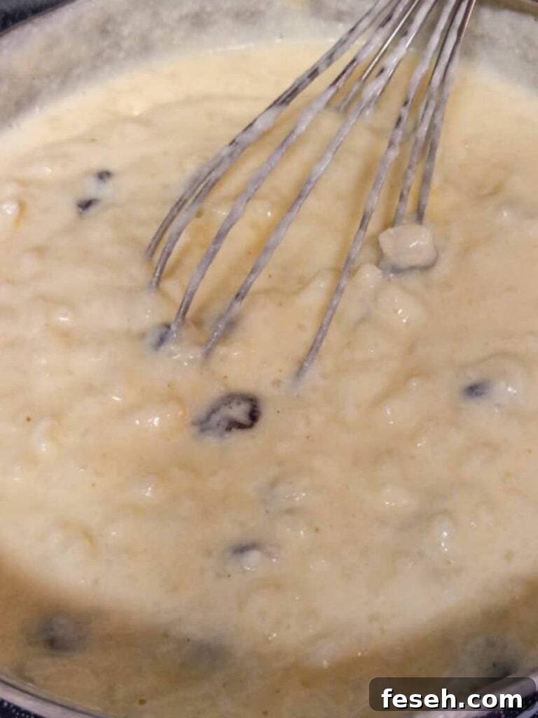 a pot of cooked rice pudding with raisins.