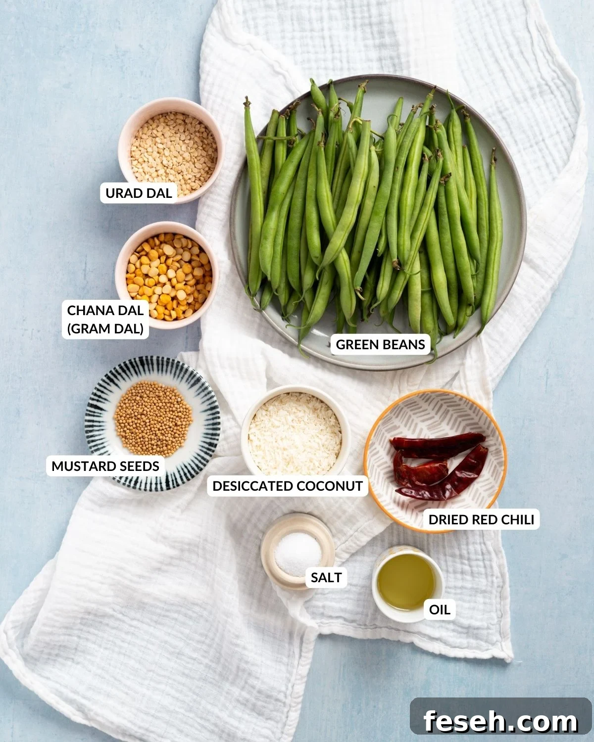 An overhead image of the ingredients of beans poriyal in separate containers.