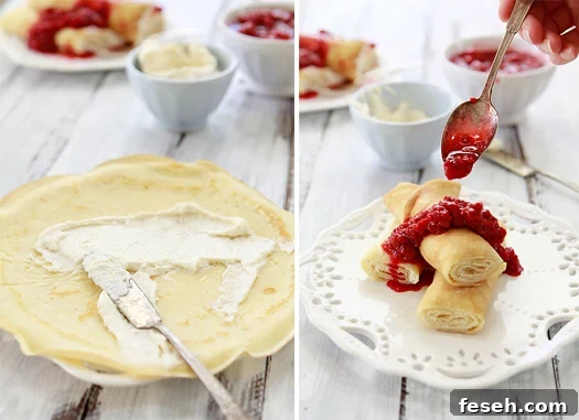 dessert crepes with ricotta filling and raspberry sauce