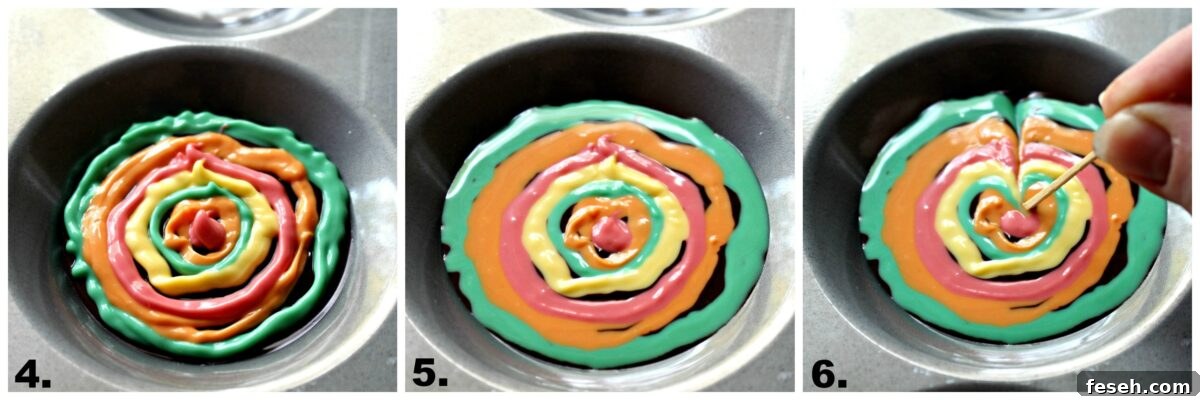 Instructions: alternating colors of melted chocolate circles, flattened chocolate, drag toothpick from edge to center.