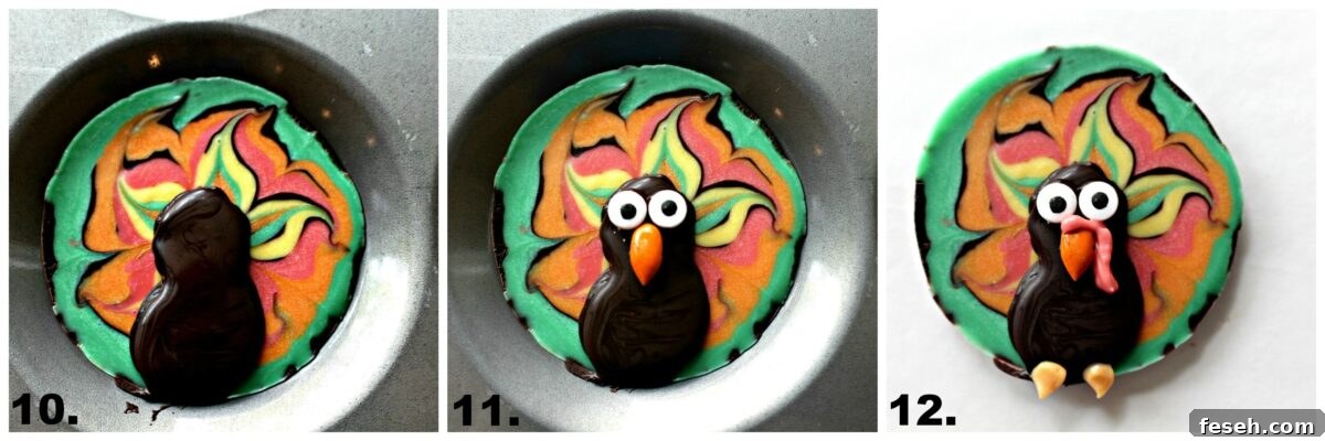 Instructions: pipe head and body, add eyes and beak, add red waddle and orange feet.
