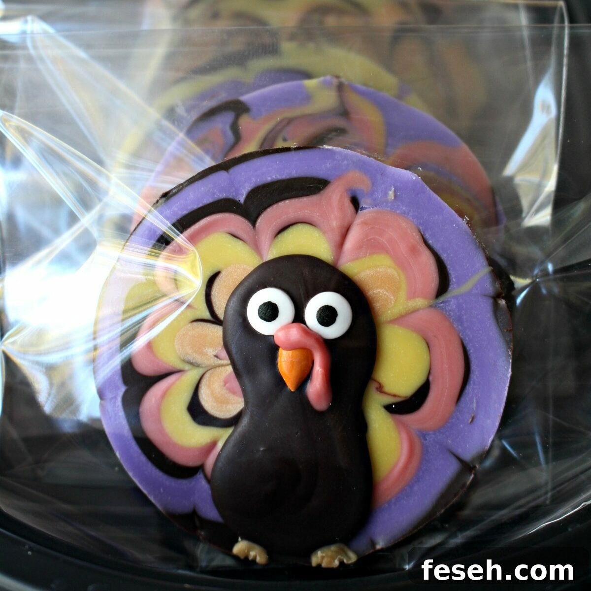 Chocolate  turkey in a celophane bag.
