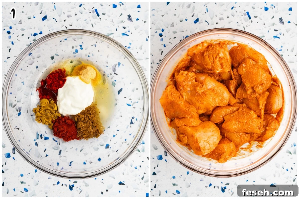 A collage of two images. One showing the marinade ingredients in a bowl and the second shows chicken spices tossed with the marinade.