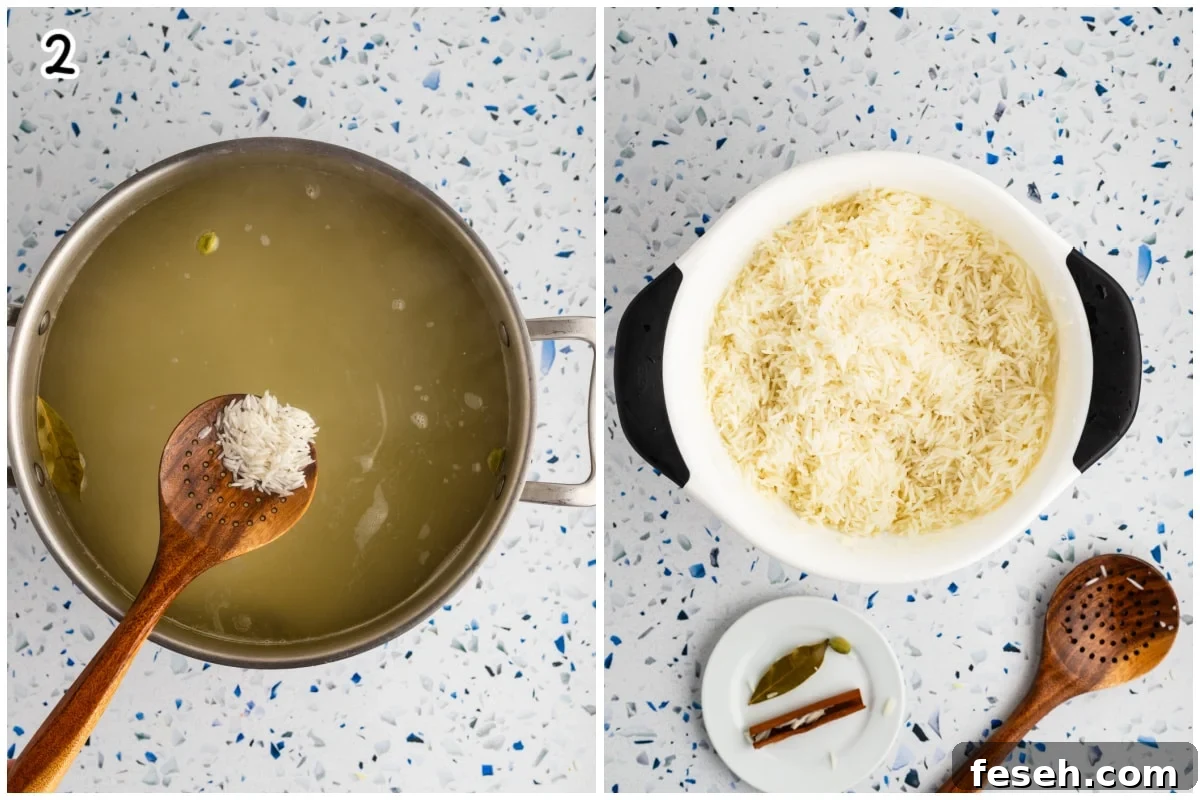 A collage of two images one with water to boil the rice and the other with rice in a colander.