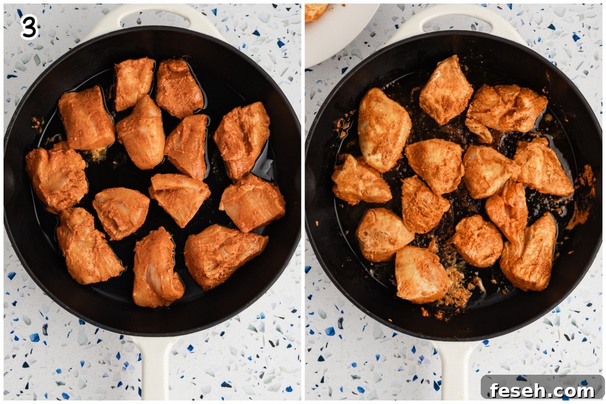 A collage of two images showing how to sear the chicken.