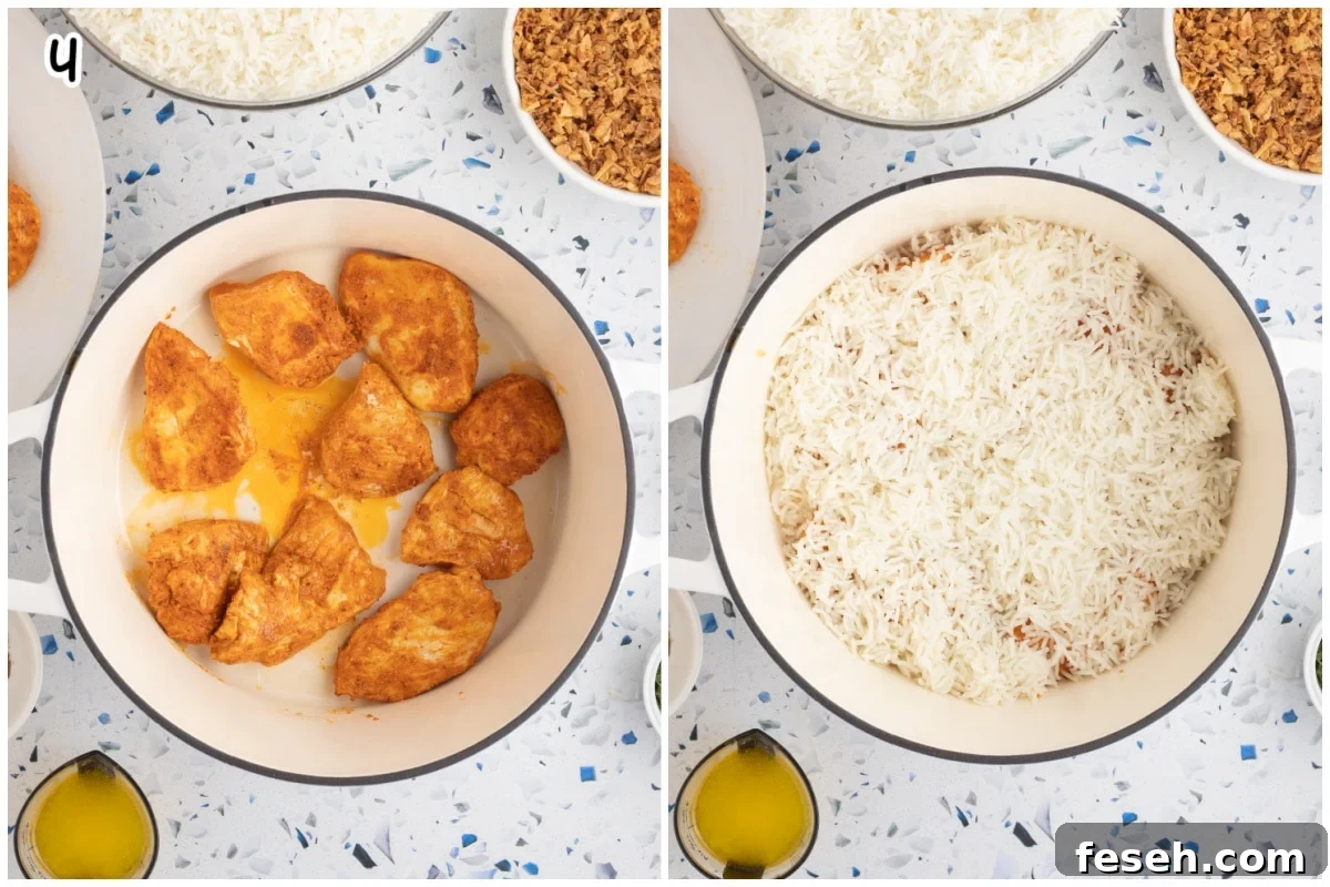 A collage of two images. The first shows a layer of chicken at the bottom of a dutch oven and the second shows a layer of rice on top of the chicken.