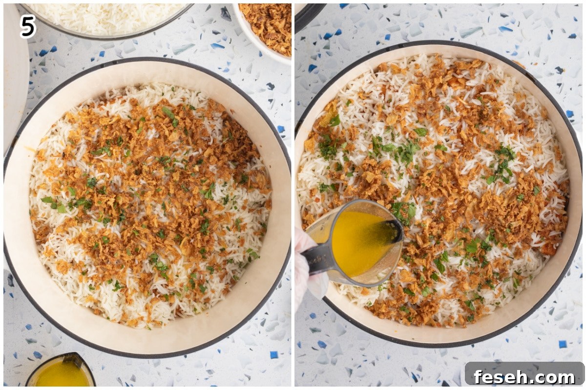 A collage of two images showing the layering of the tikka biryani in a dutch oven.