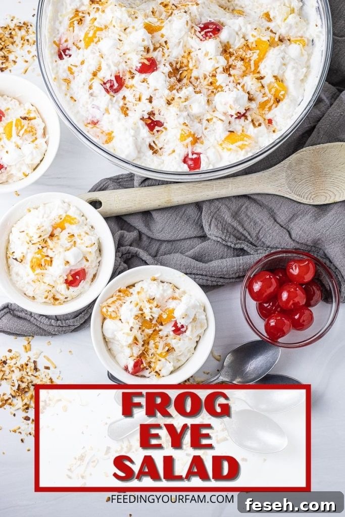 bowls of frog eye salad topped with toasted coconut