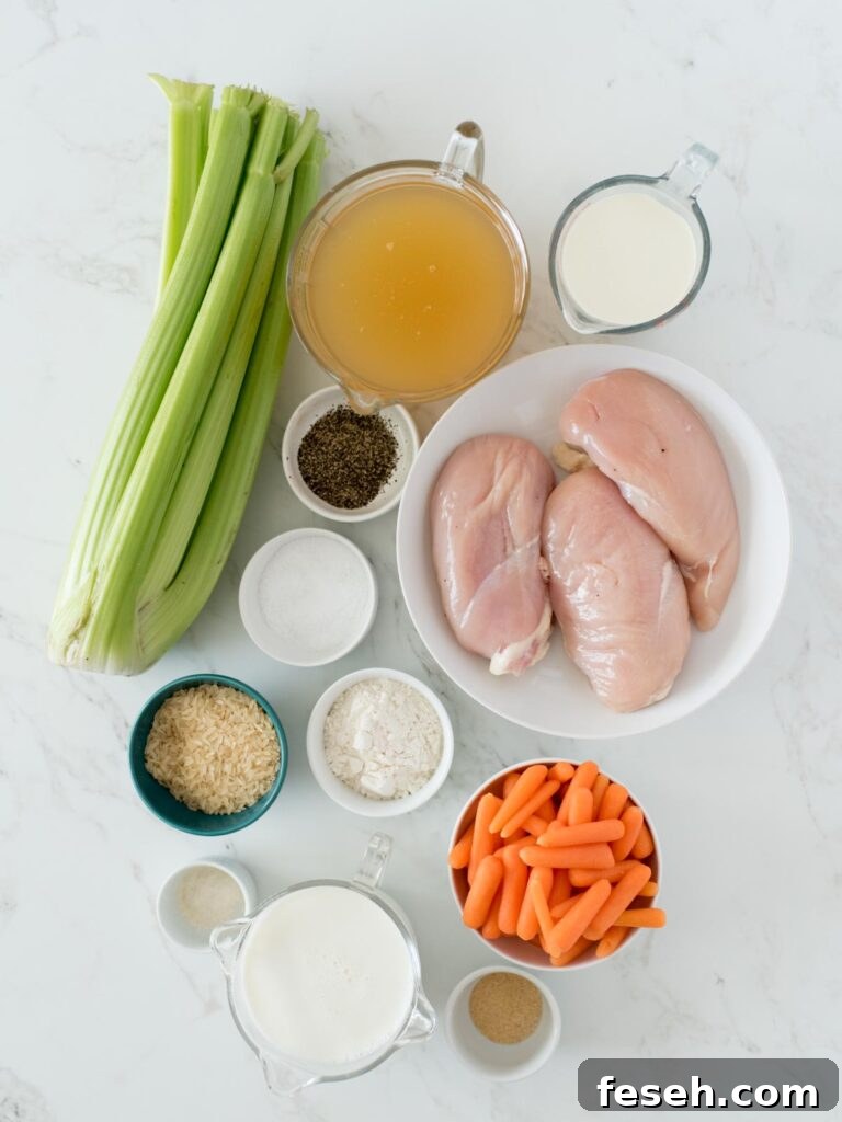 ingredients for creamy chicken and rice soup