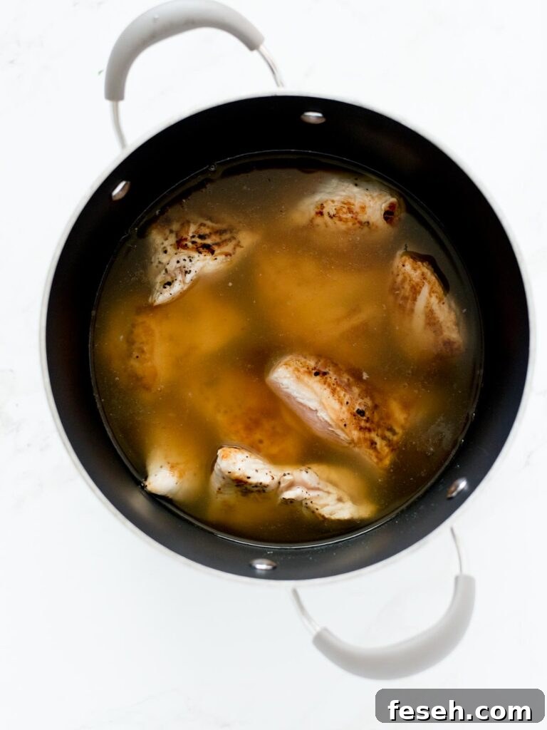 chicken and broth in soup pot