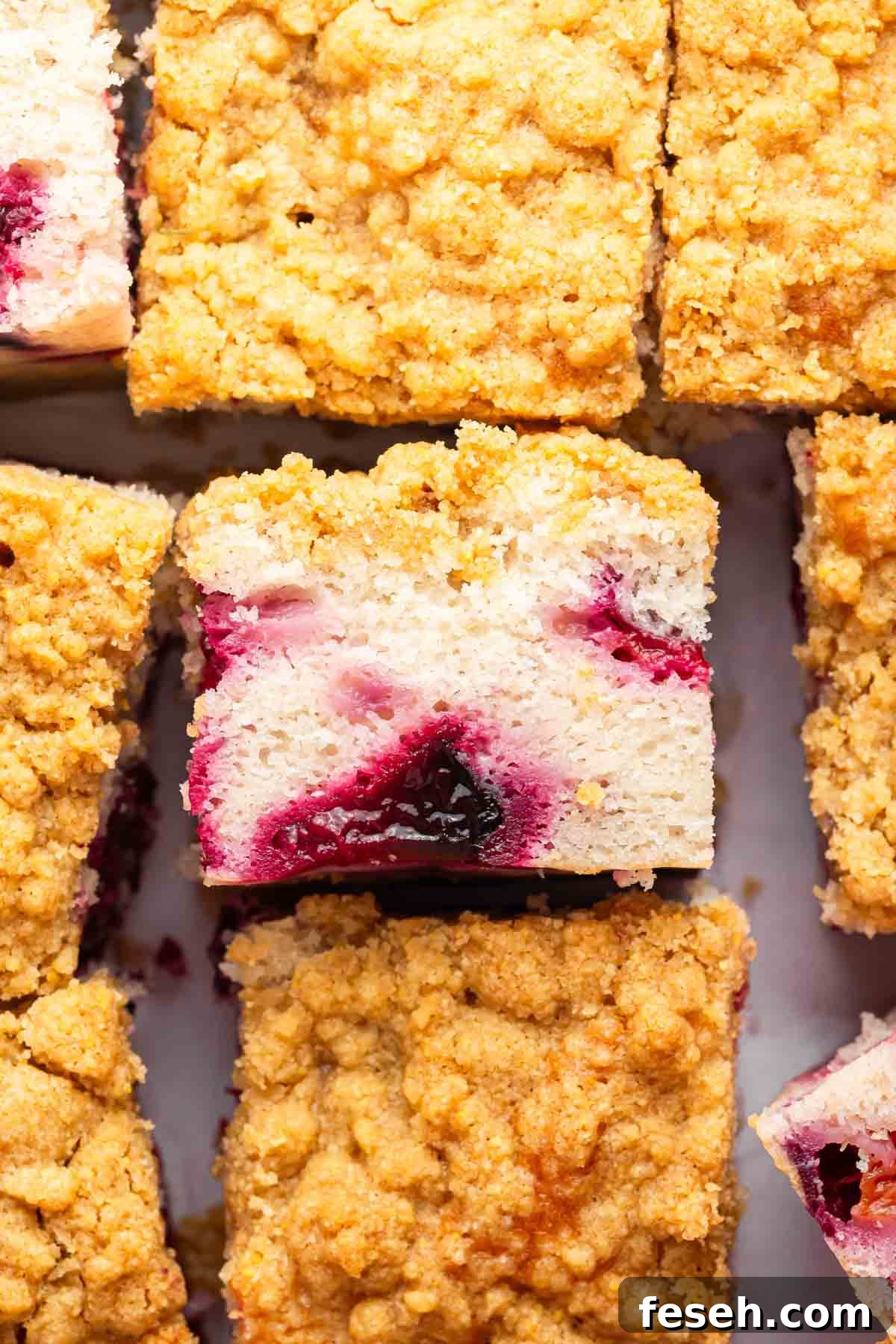 Slice of plum cake with streusel turned on its side to show interior.