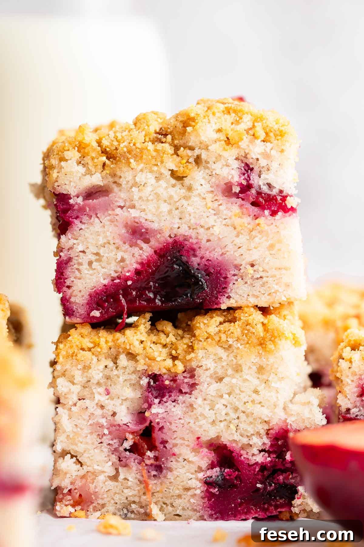 Two slices of plum cake stacked on top of each other.