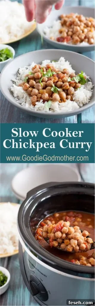 This easy slow cooker chickpea curry is a perfect, economical vegetarian dinner recipe! Recipe includes notes for making this in the Instant Pot too. * GoodieGodmother.com