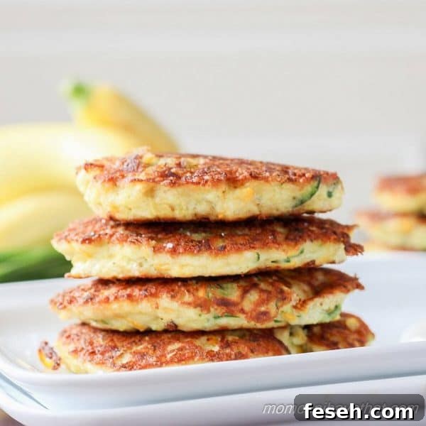 Stacked low carb zucchini fritters on a white plate with yellow squash behind.