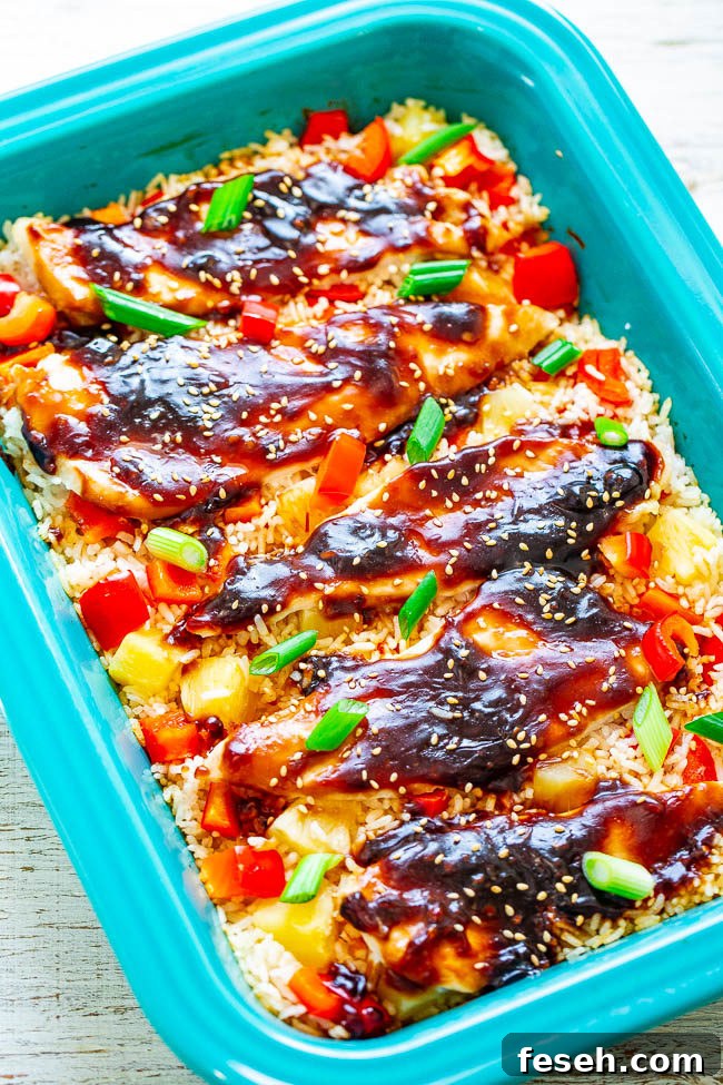 Baked Teriyaki Chicken and Rice in a blue dish